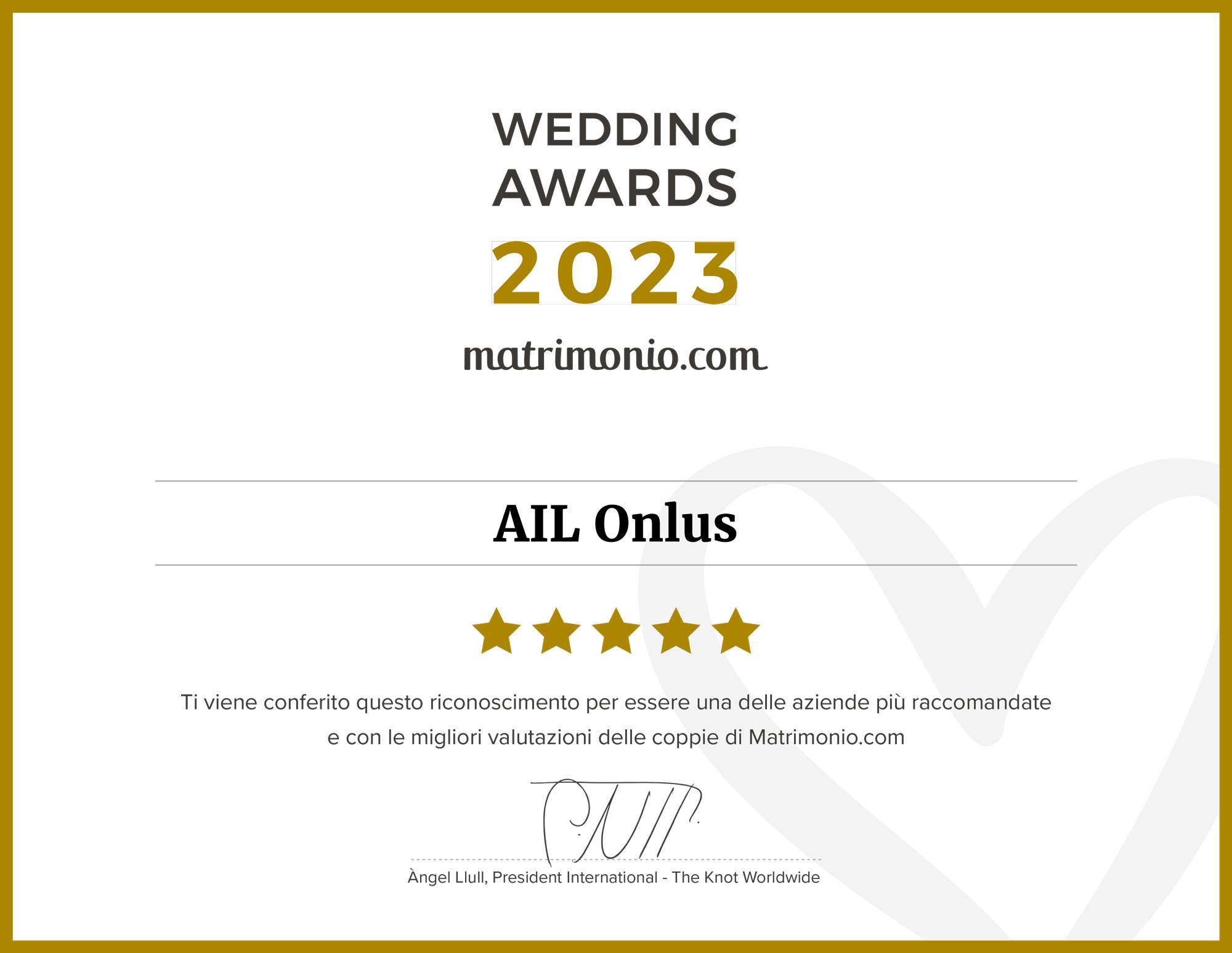 L'attestato del Wedding Awards ricevuto da Matrimonio.com