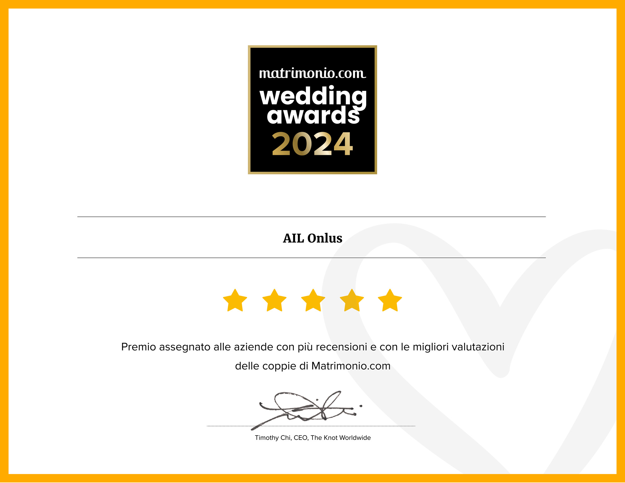 L'attestato del Wedding Awards ricevuto da Matrimonio.com nel 2024